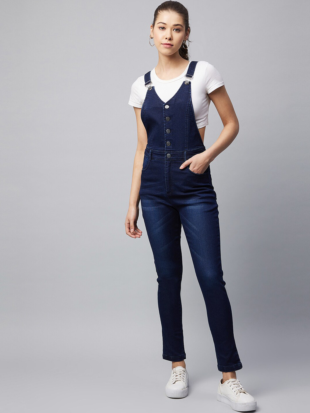 StyleStone Women Navy Blue  Solid Slim Fit Denim Dungarees