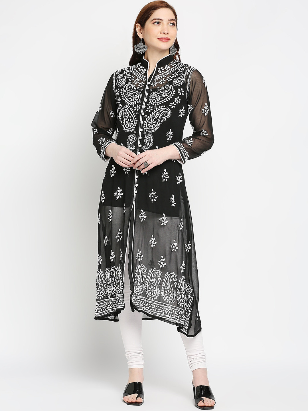 Indiankala4u Women Black Paisley Chikankari Georgette Kurta