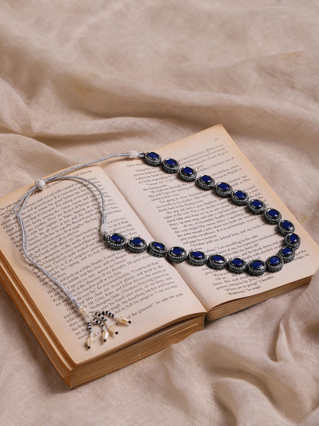 Ruby Raang Oxidised Silver-Plated Blue & White Kundan Studded Brass Choker Necklace
