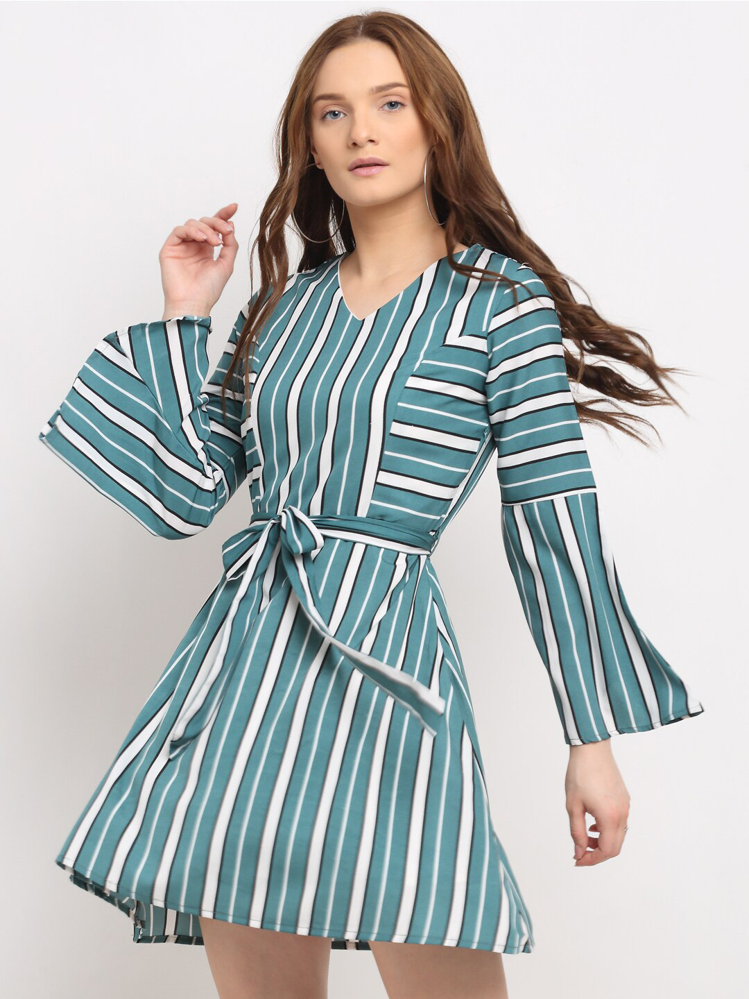 La Zoire Teal & White Striped Georgette Belted A-Line Dress