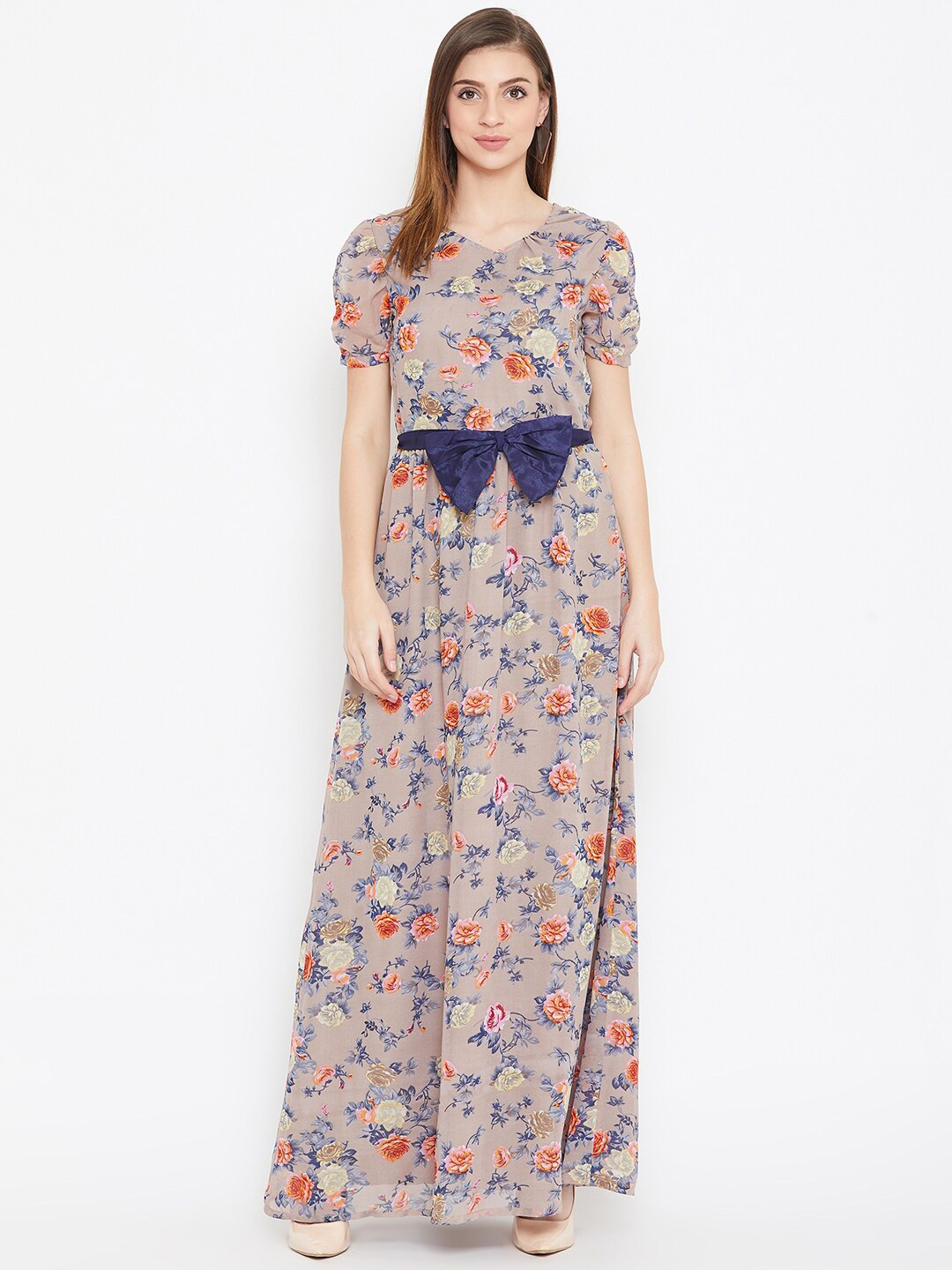 La Zoire Coffee Brown & Blue Floral Georgette Maxi Dress