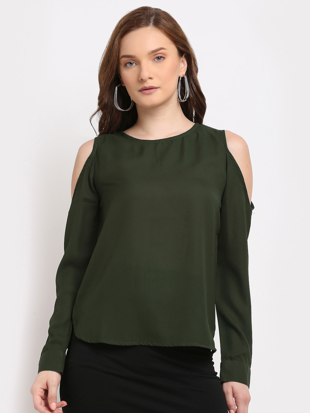 La Zoire Olive Green Georgette Cold Shoulder Top