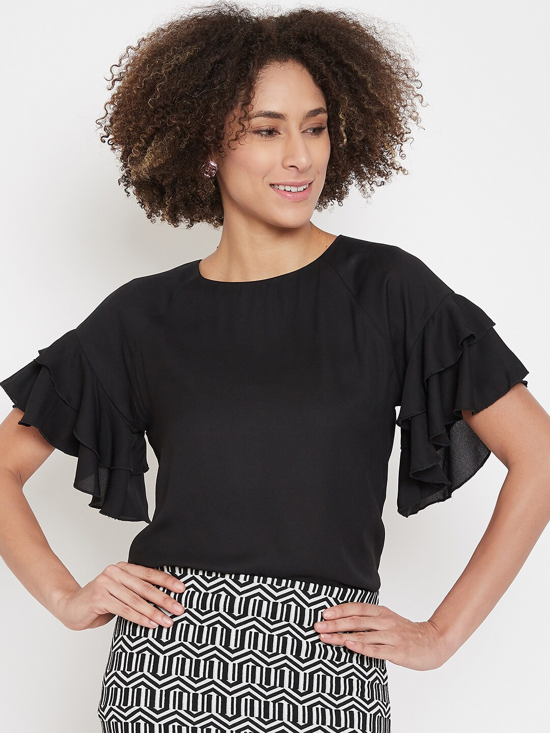 La Zoire Women Black Solid Ruffled Sleeve Top