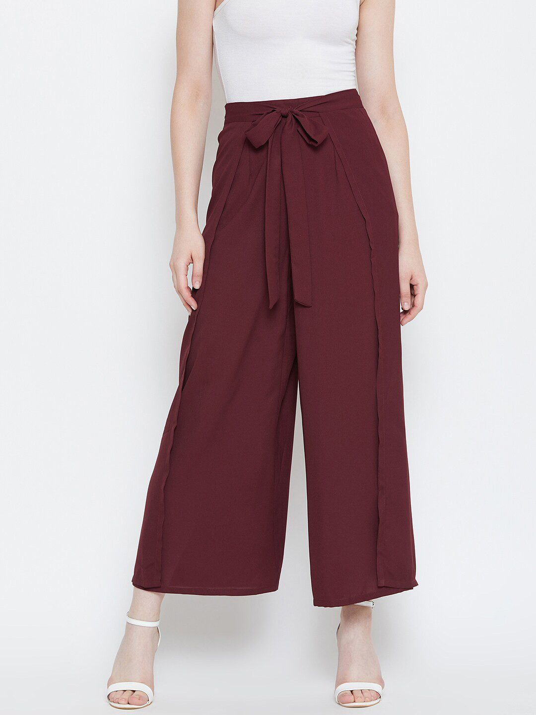 La Zoire Women Maroon Flared Georgette Layered Wrapon Palazzos