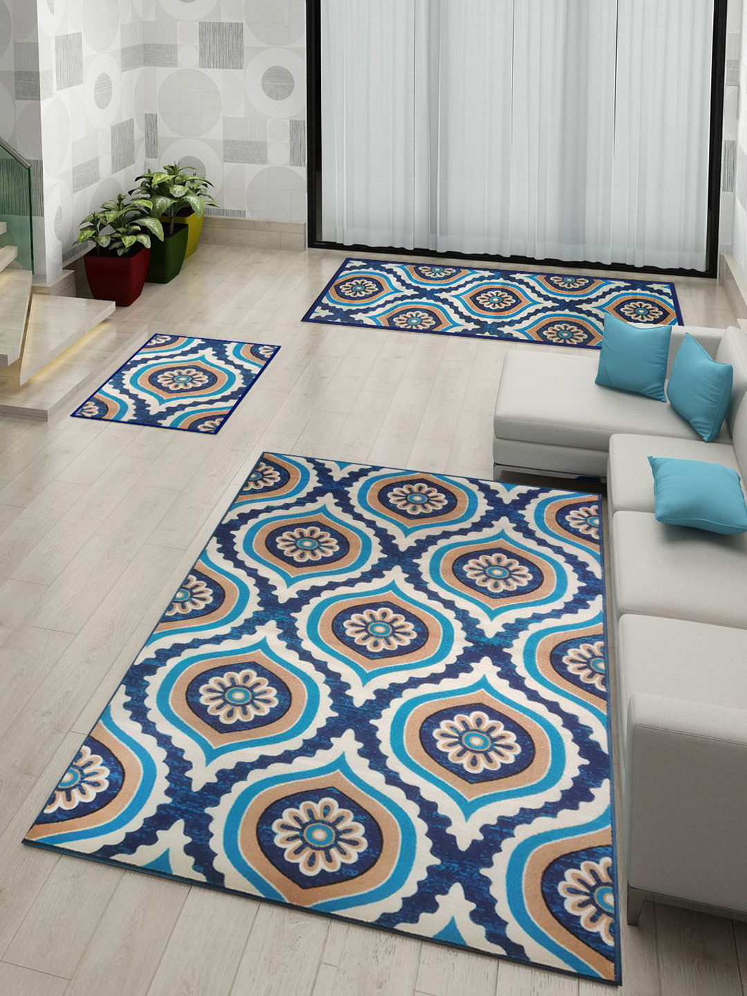 Athom Trendz Blue & Multicoloured Printed Set of 3 Anti-Skid Carpet Set
