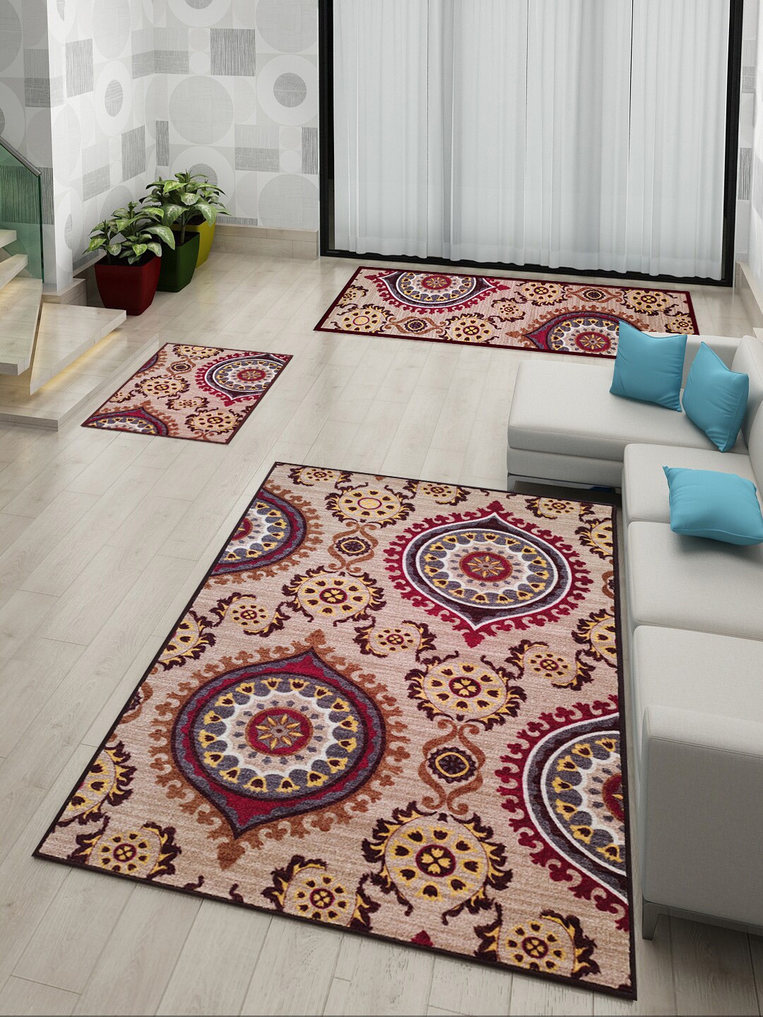 Athom Trendz Maroon & Yellow Printed Anti-Slip Carpet Set