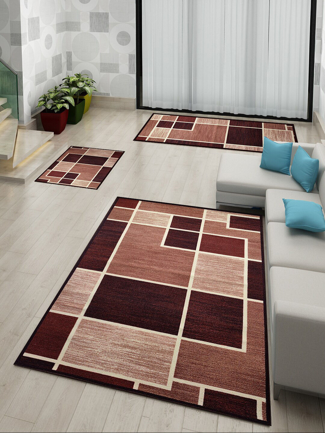 Athom Brown Set of 3 Printed Anti Slip Carpet Set