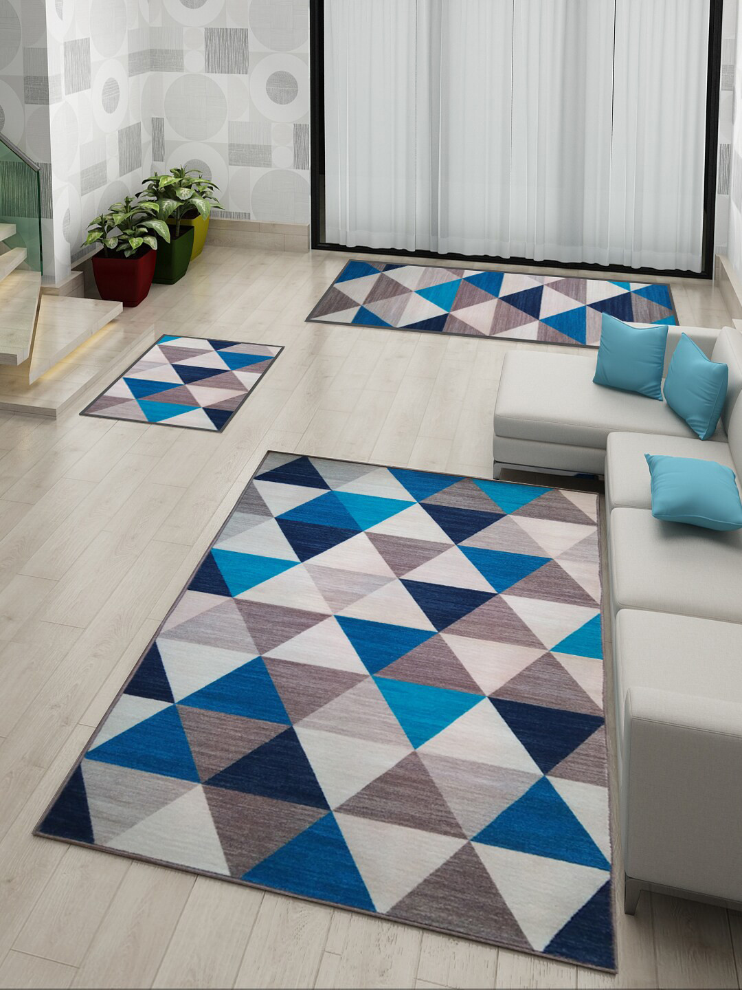 Athom Trendz Blue Printed Anti-Skid Doormat, Runner & Carpet Set