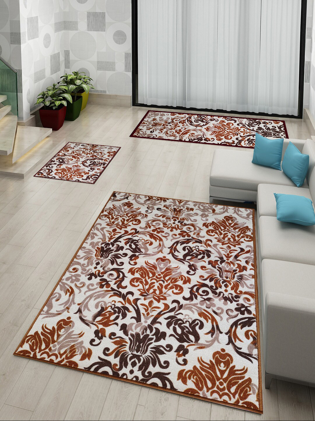 Athom Trendz White & Red Premium Anti-Slip Printed Doormat With Runner & Carpet Set