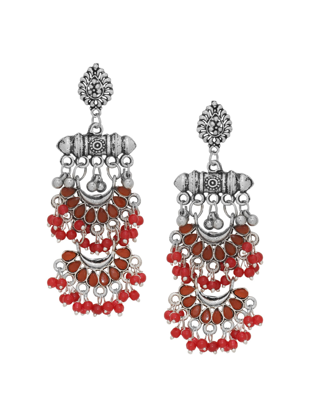 Silvermerc Designs Silver-Plated Oxidised Red Beaded Drop Earrings