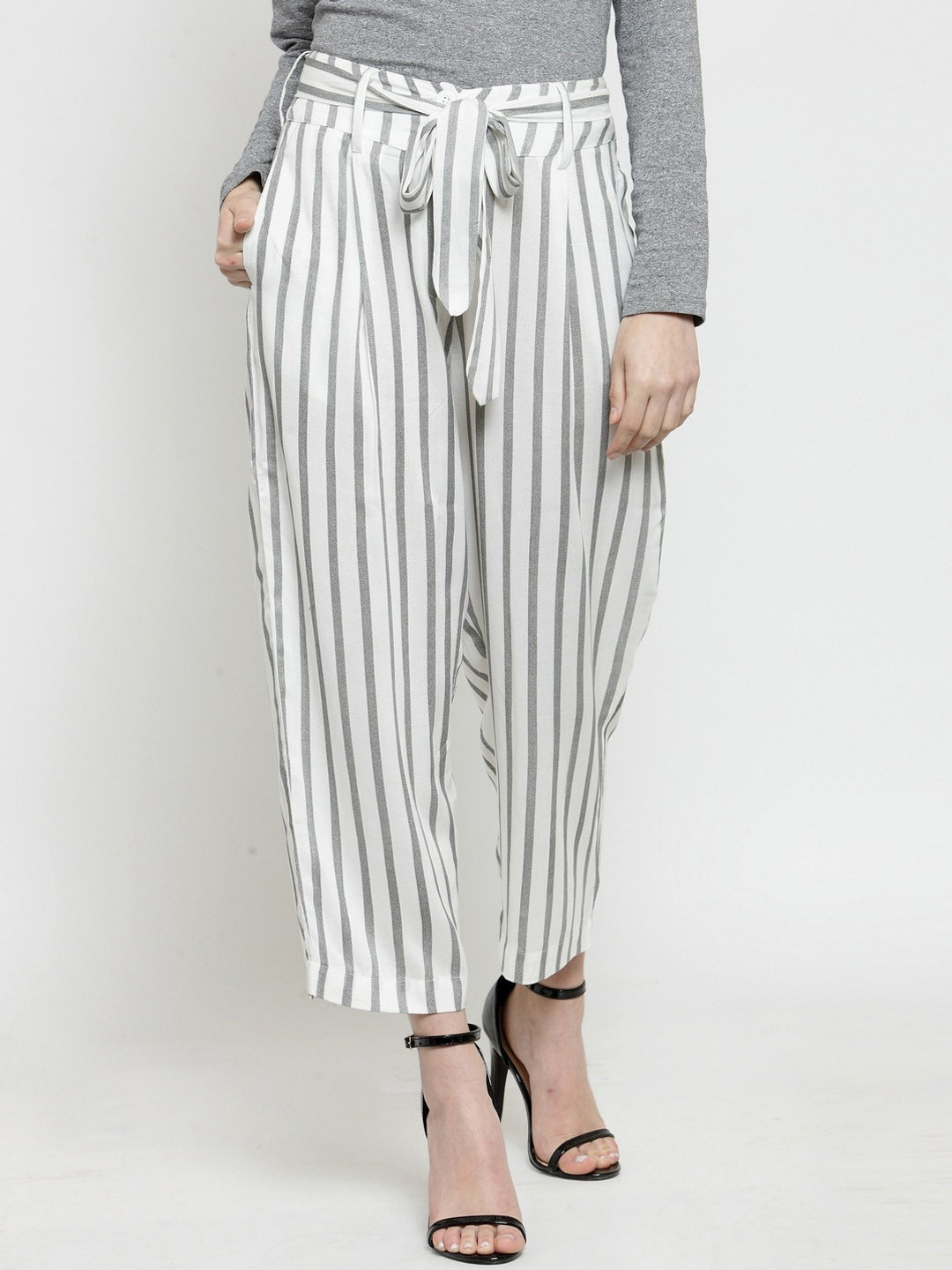 Sera Women White Striped Tapered Fit Trousers