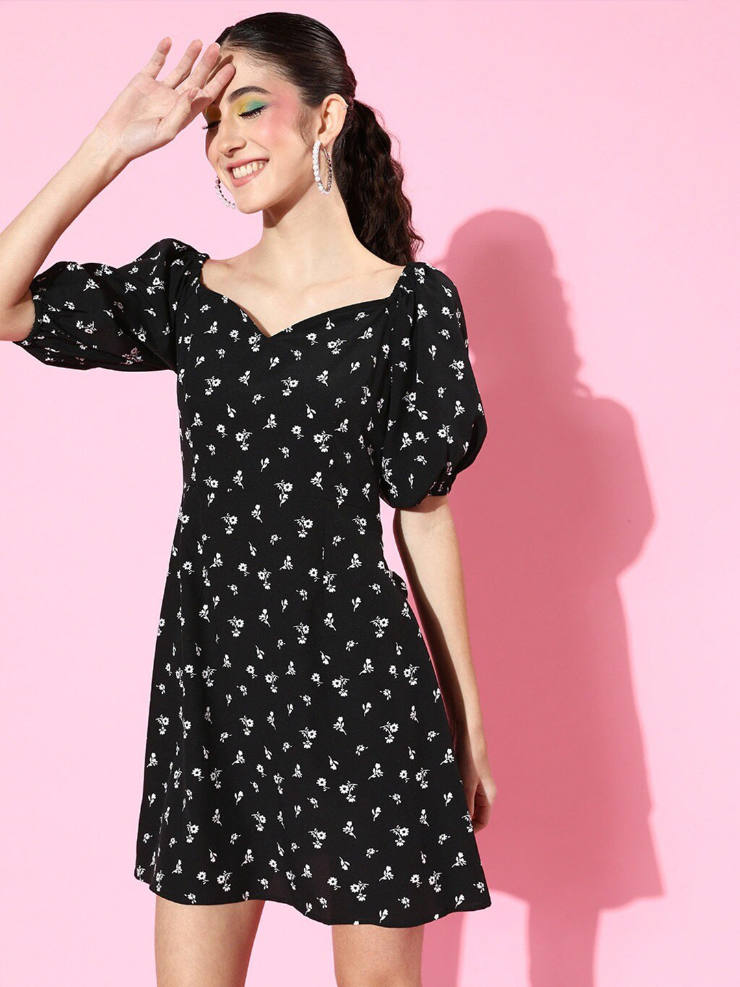 Sera Black Crepe Blouson Dress