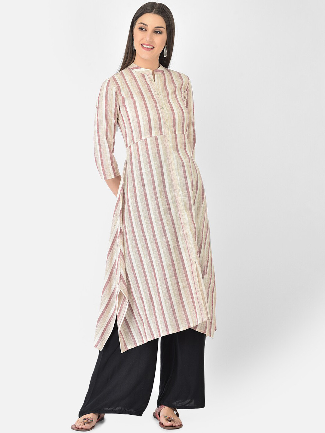 Span Women Off White Striped Kurta