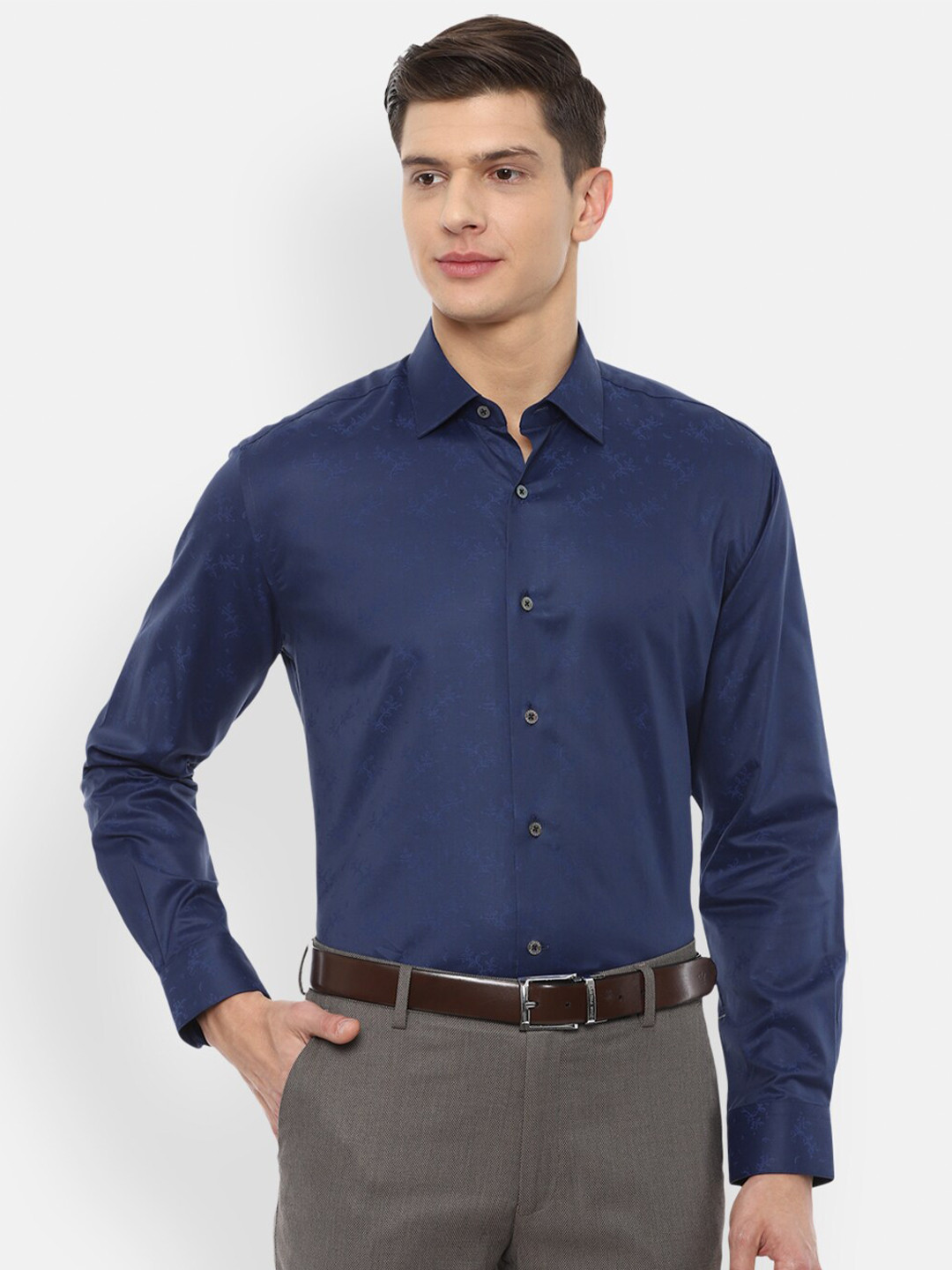 Luxure by Louis Philippe Men Navy Blue Floral Cotton Formal Shirt