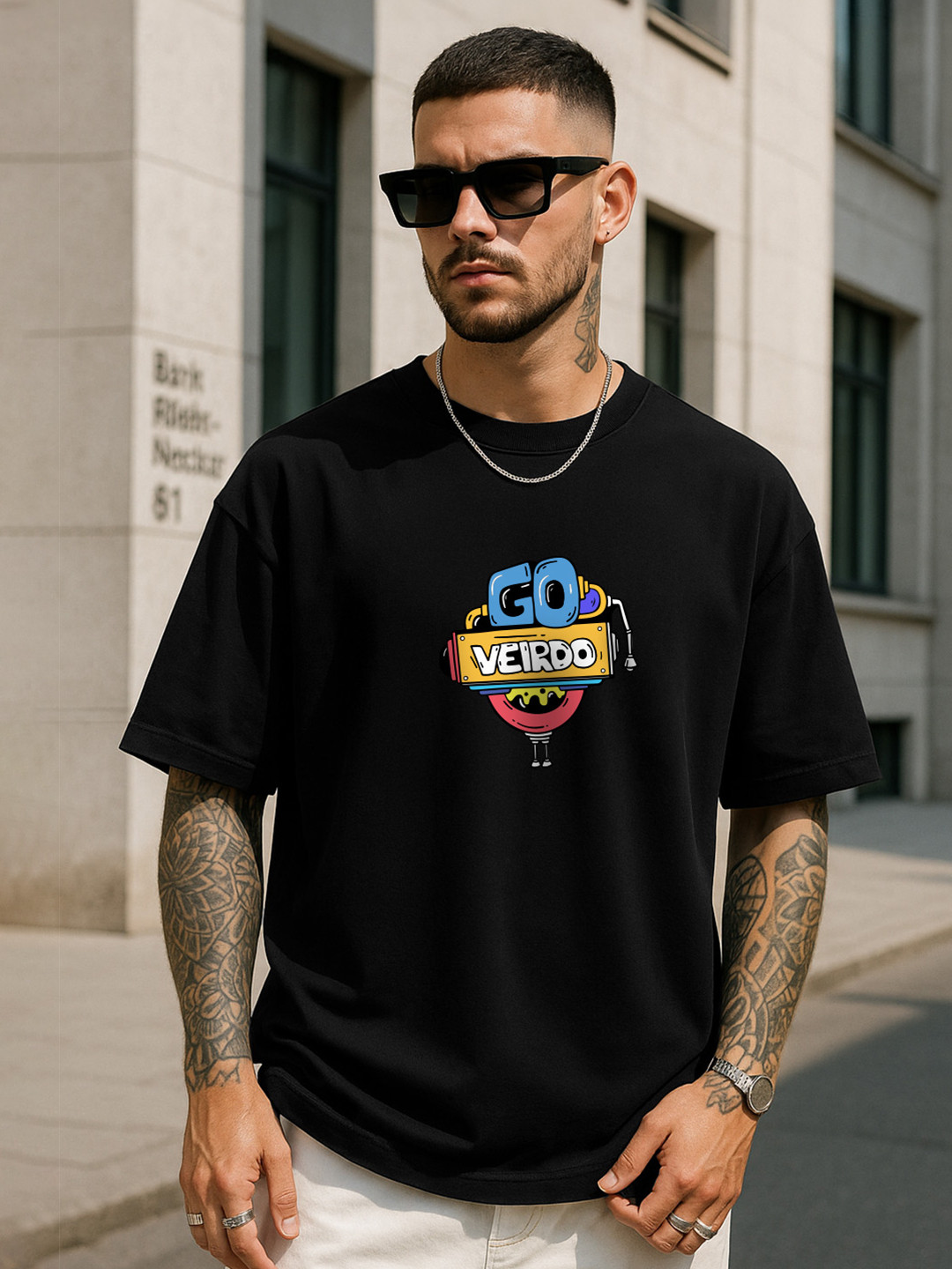 VEIRDO Men Black Printed Oversize T-shirt