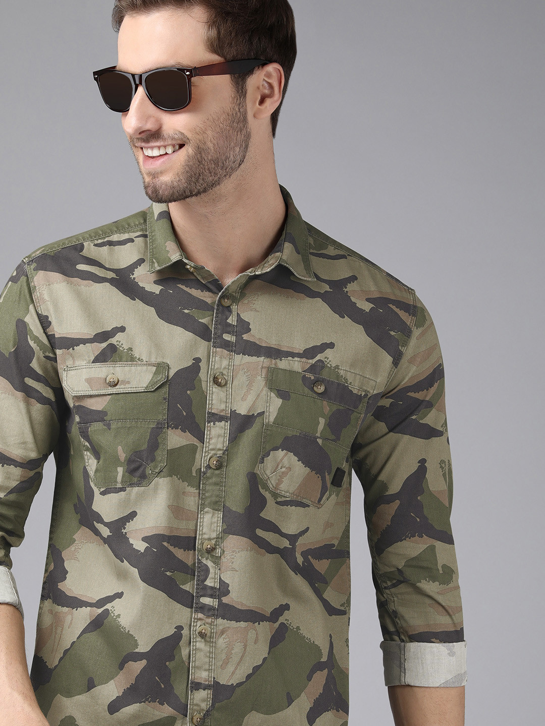 Voi Jeans Men Olive Green Standard Slim Fit Camouflage Pure Cotton Casual Shirt