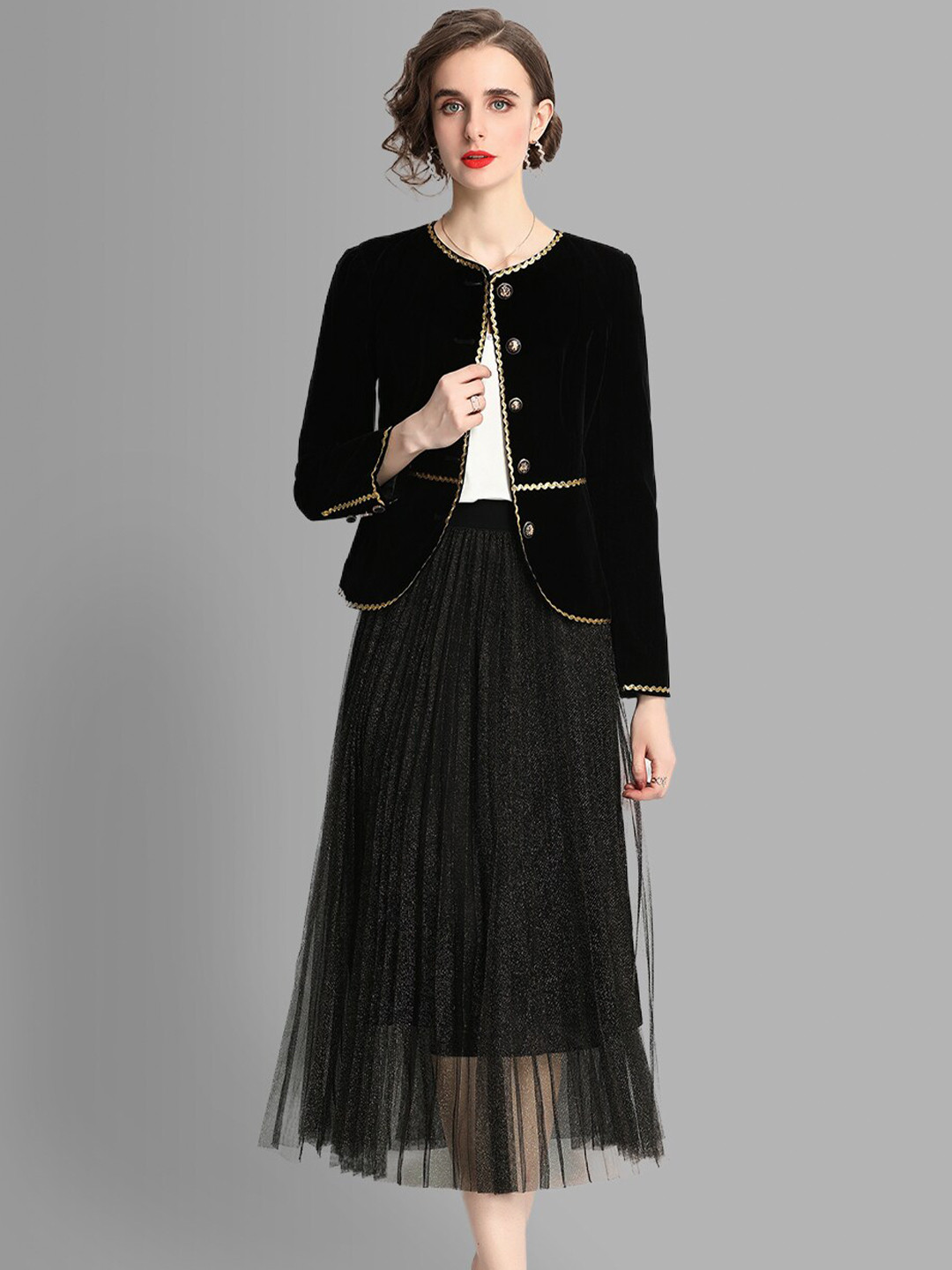 JC Collection Women Black & Golden Coat with Skirt Co-Ords Set