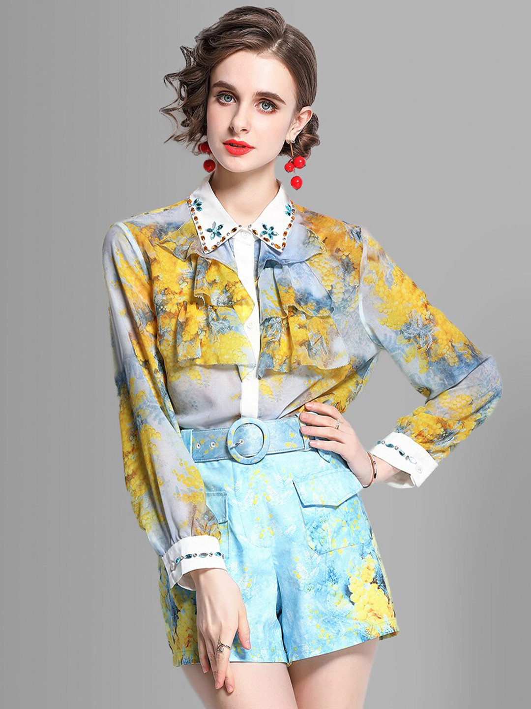 JC Collection Women Yellow & Blue Printed Shirt with Shorts  Co-Ords Set