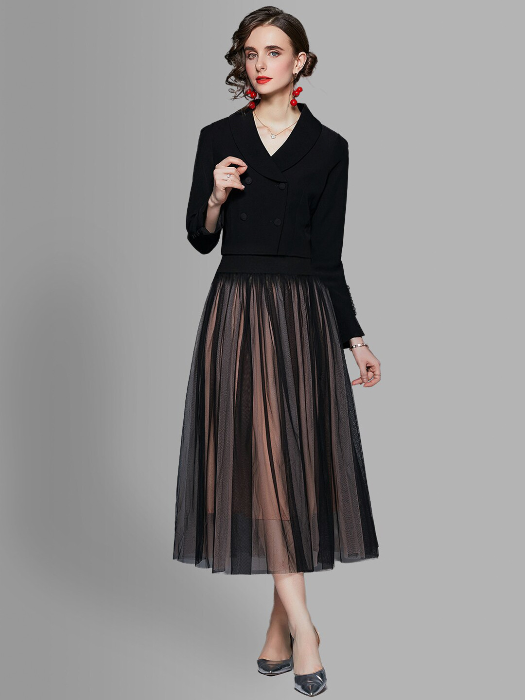 JC Collection Women Black & Beige Top with Skirt Co-Ord Set