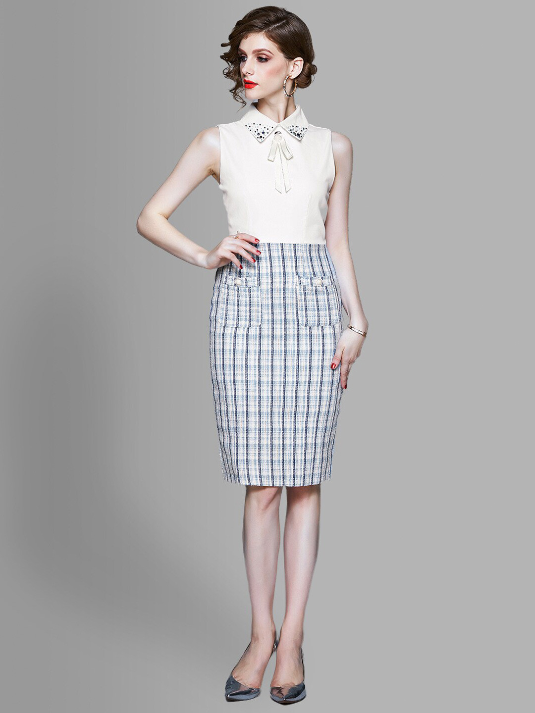 JC Collection Women Blue & White Checked Coat with Skirt