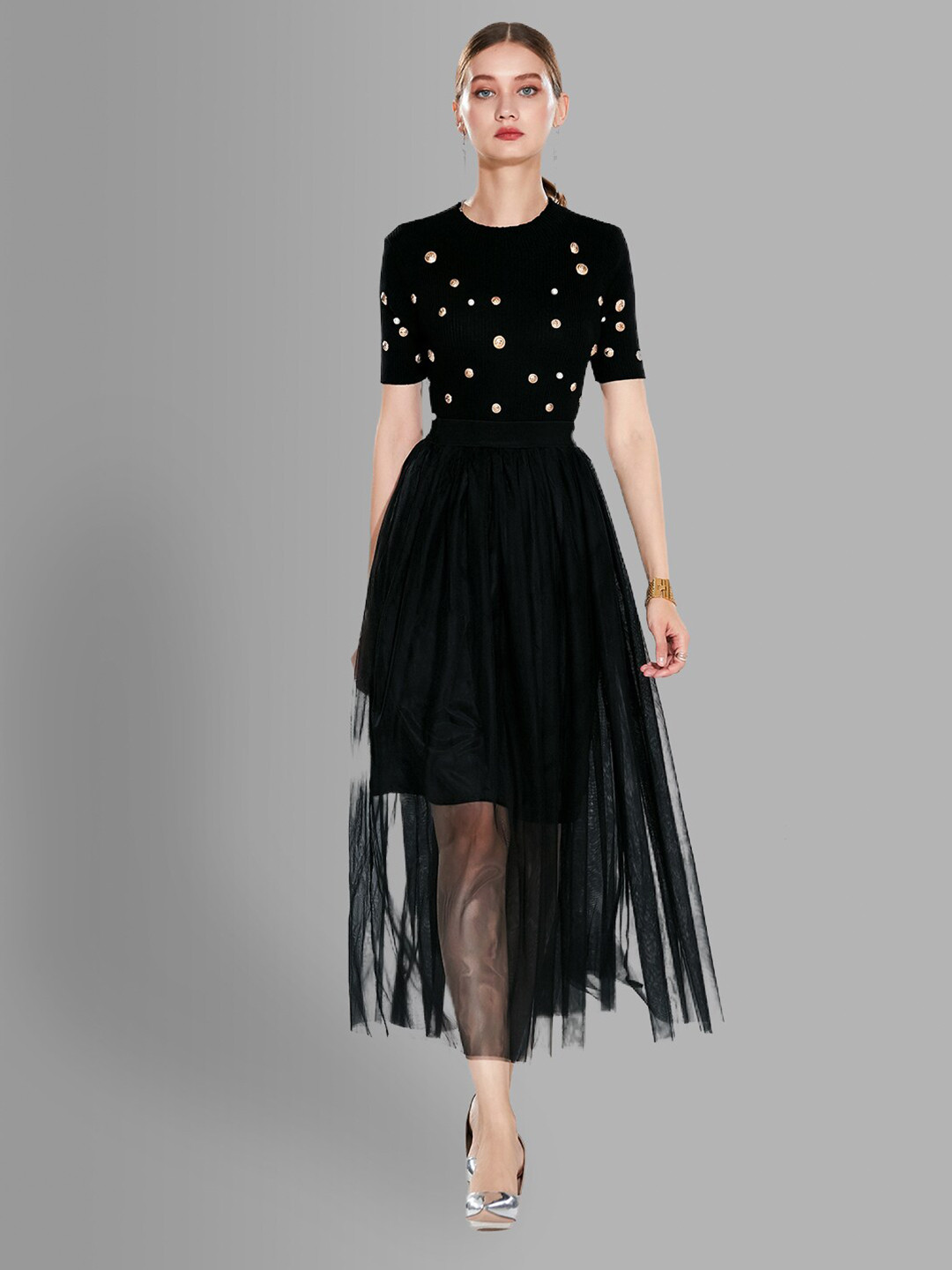 JC Collection Women Black Embellished Top with Skirt