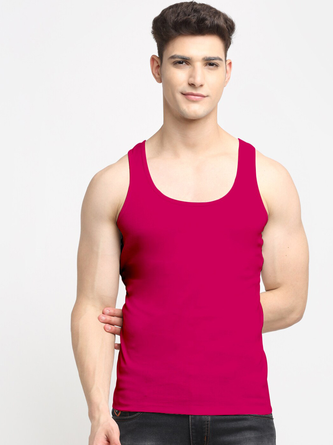 Friskers Men Magenta Solid Pure Cotton Tank Innerwear Vest