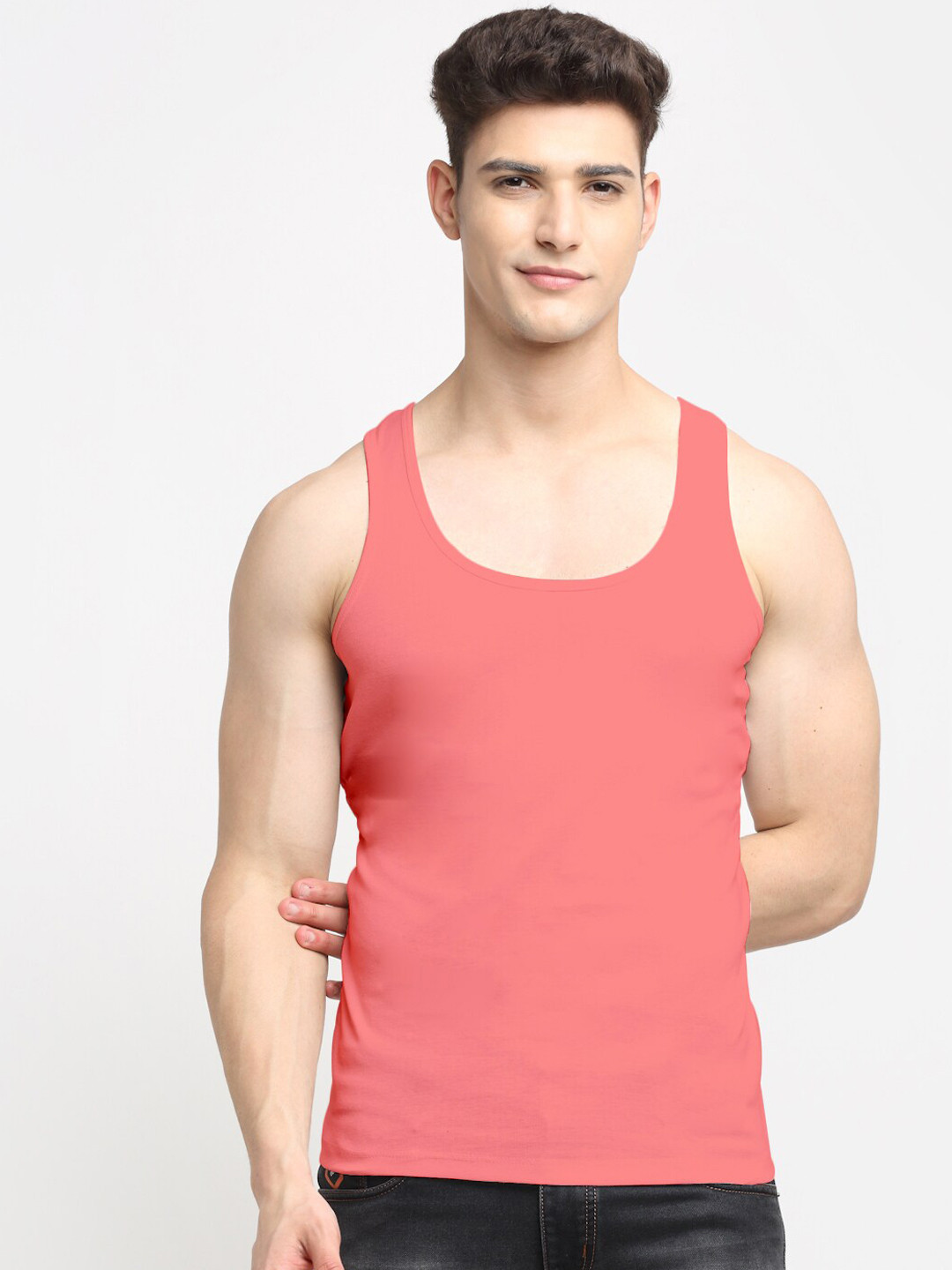 Friskers Men Orange Solid Pure Cotton Tank Innerwear Vest