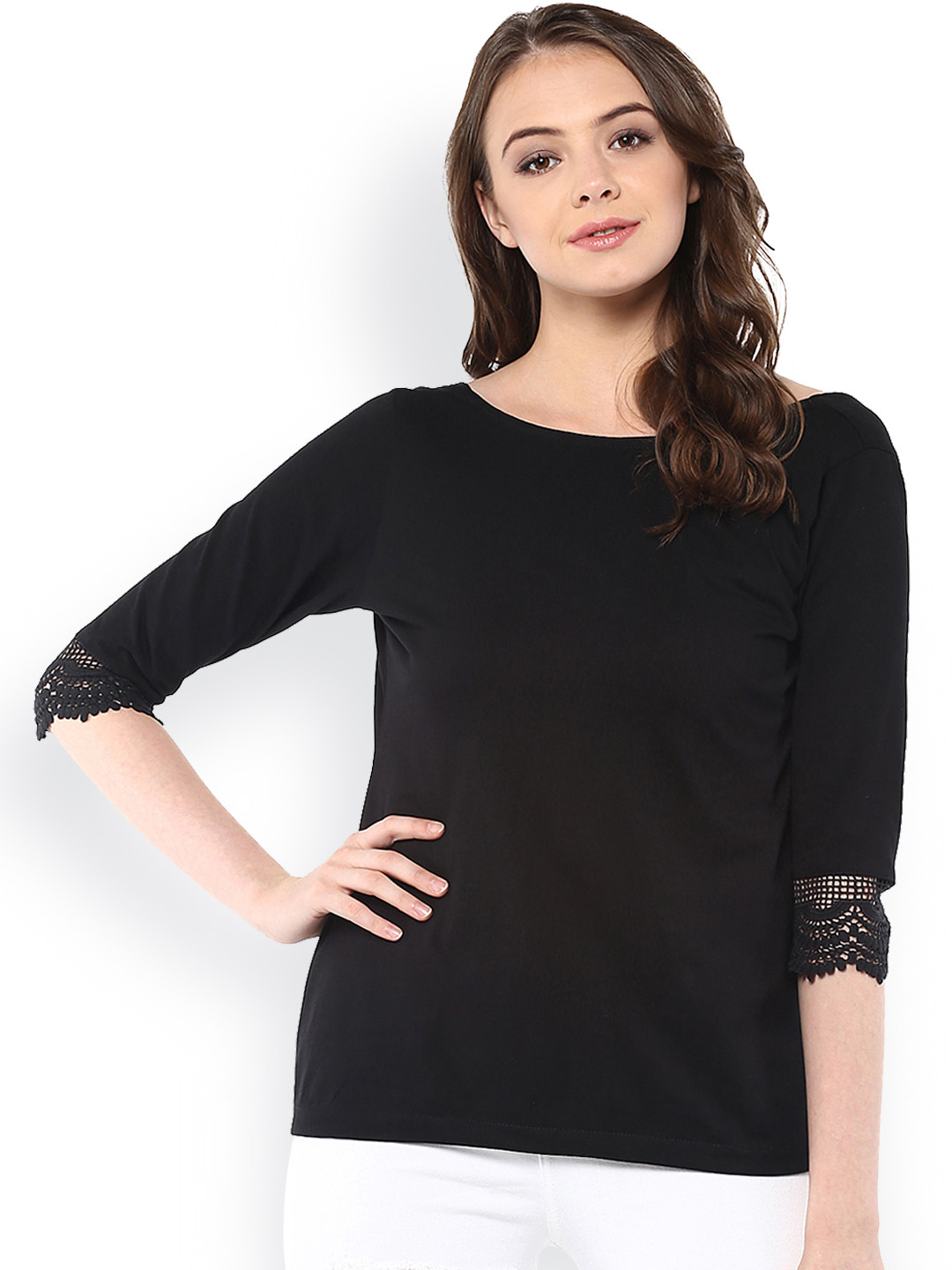 Miss Chase Women Black Regular Top with Lace Detail