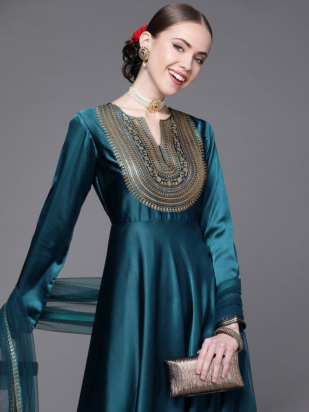 Inddus Women Teal Yoke Design Satin Anarkali Kurta