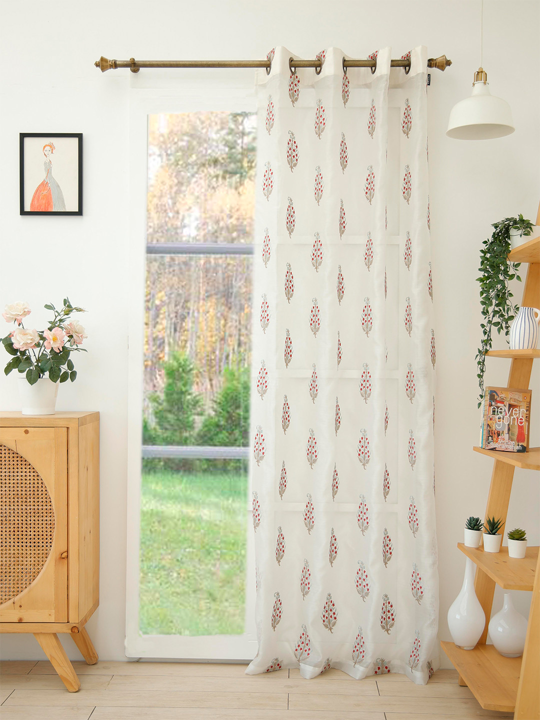 Ariana Red & White Ethnic Motifs Embroidered Sheer Door Curtain