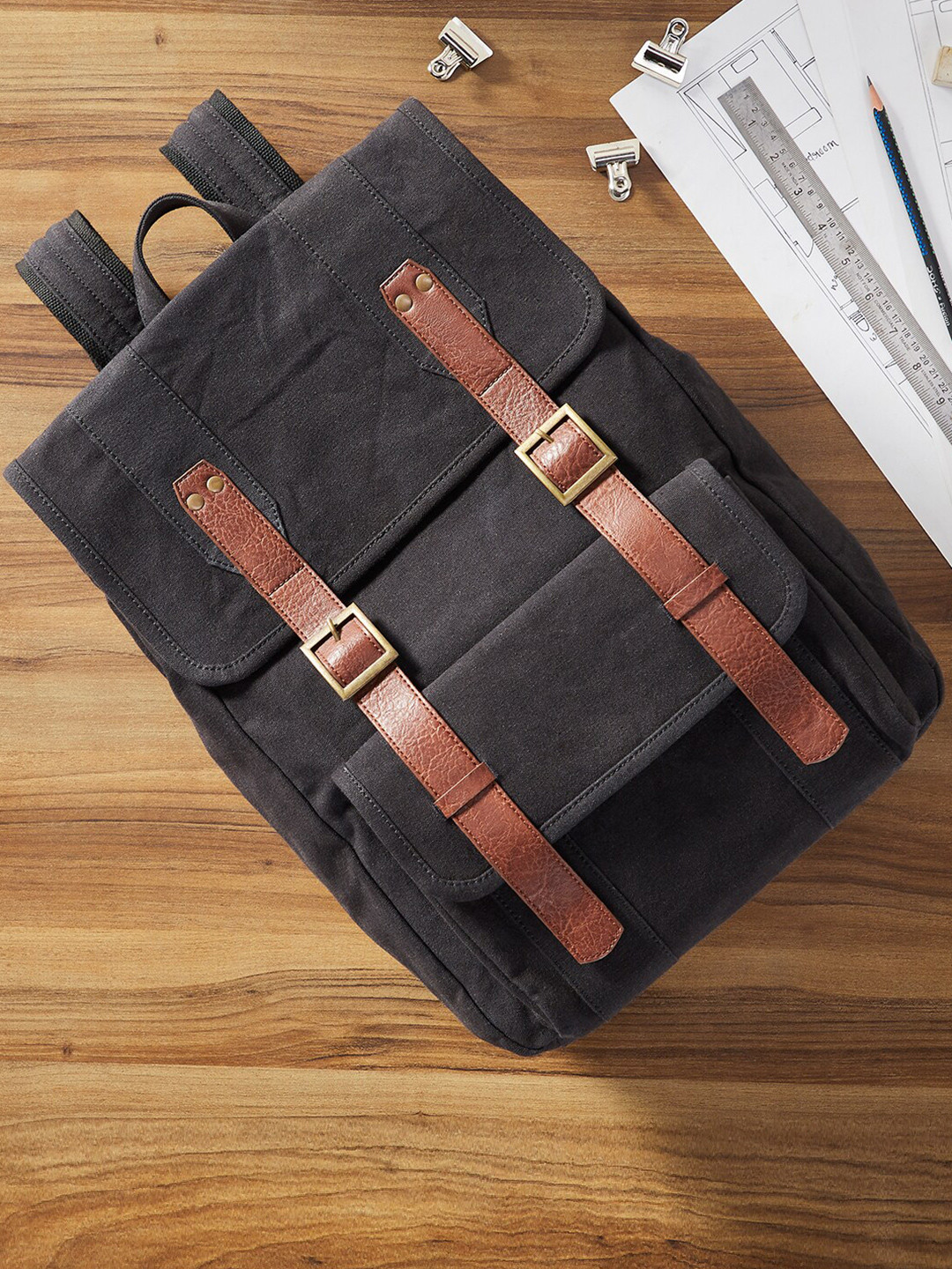 Mona B Unisex Black & Brown Upcycled Canvas Backpack