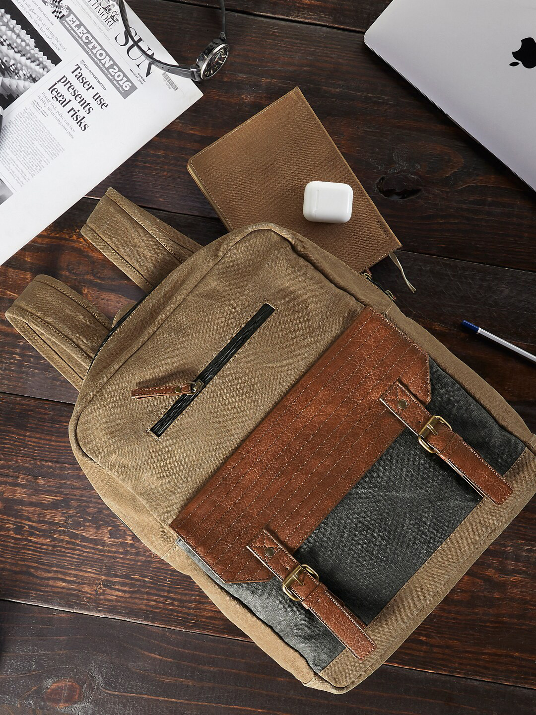 Mona B Unisex Brown & Grey Upcycled Canvas Backpack