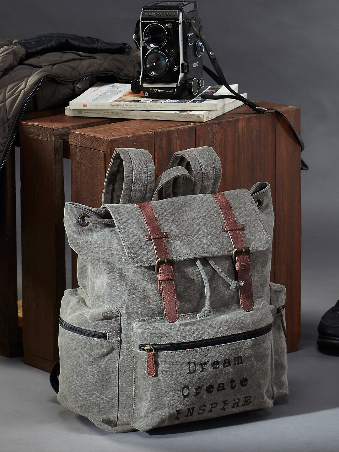 Mona B Unisex Grey & Brown Printed Upcycled Canvas Backpack