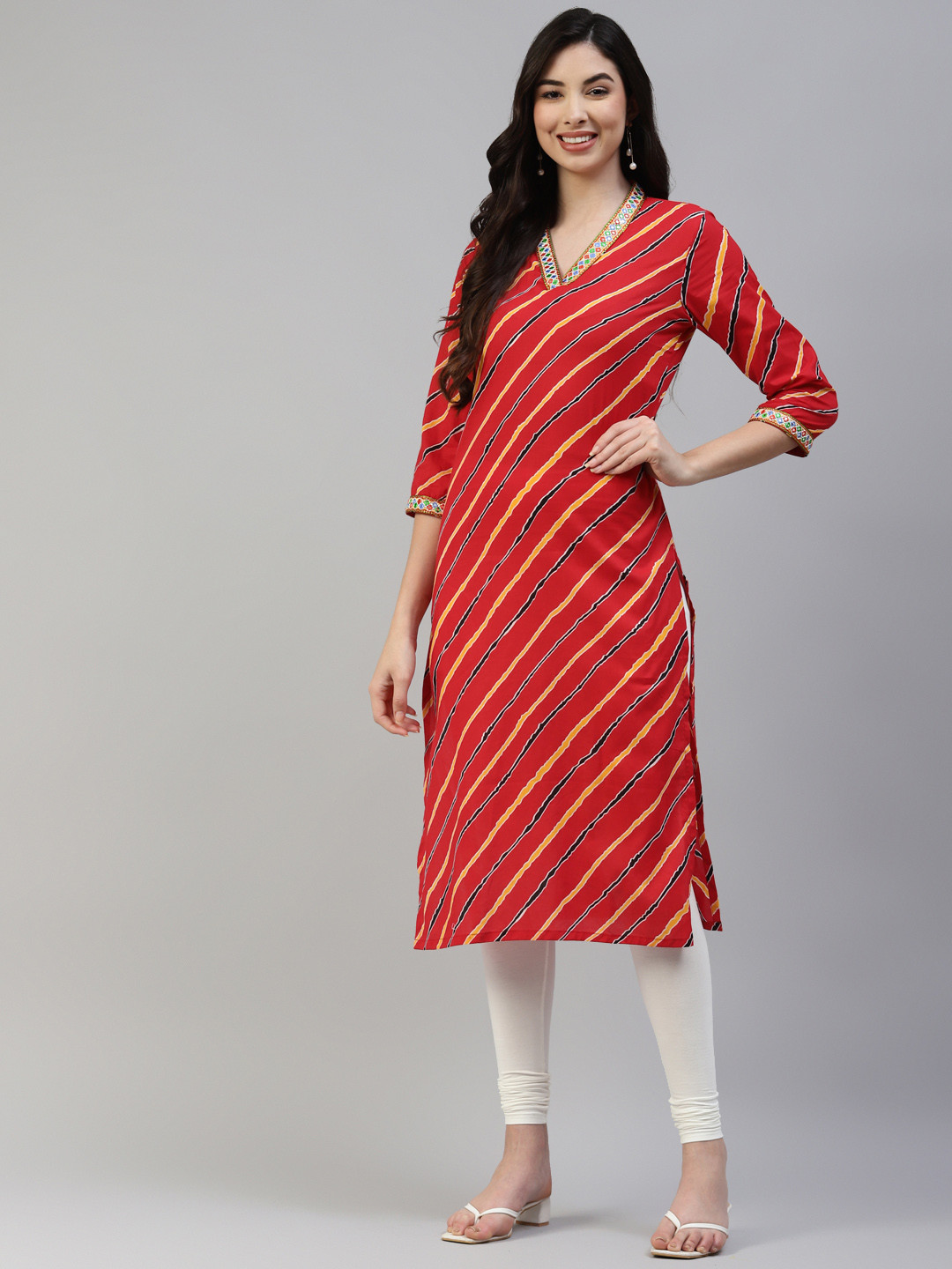 Poshak Hub Women Red Leheriya Printed Mirror Work Pure Cotton Kurta