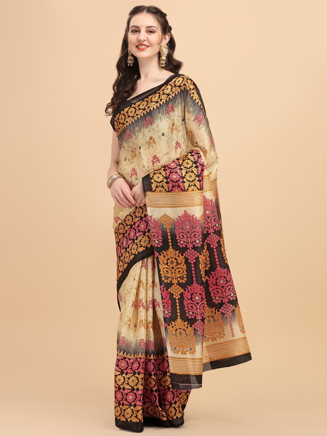 KALINI Black & Beige Ethnic Motifs Art Silk Fusion Saree