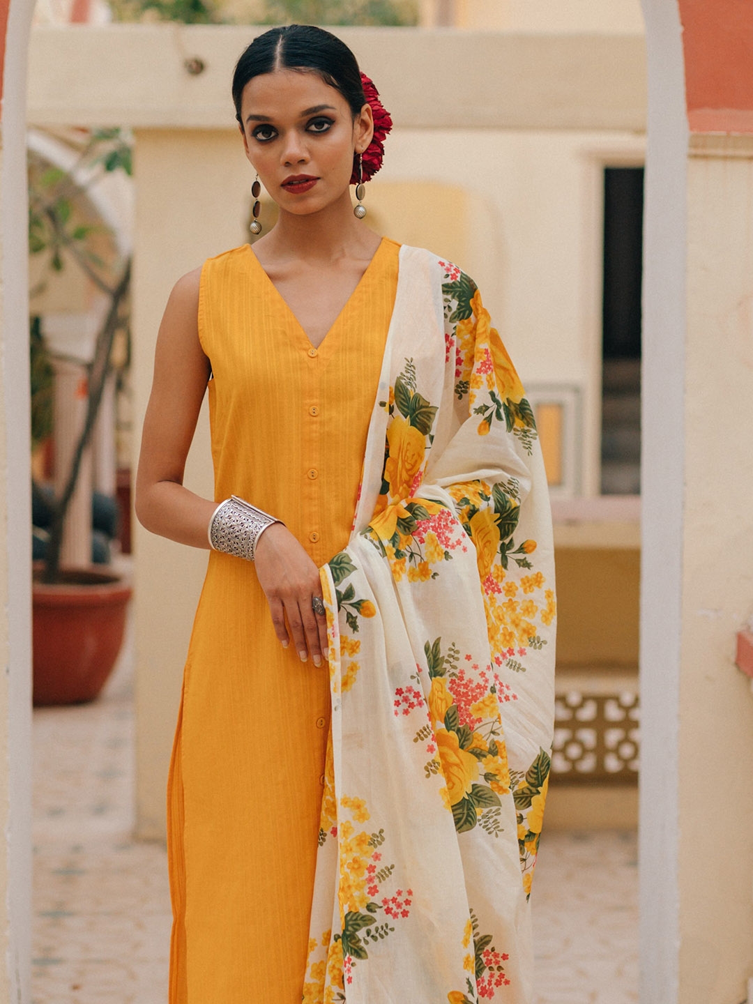 Anayna Women Mustard Yellow & Green Pure Cotton Kurta With Palazzos & Dupatta - Kurta Sets for Women 17351558 | Myntra