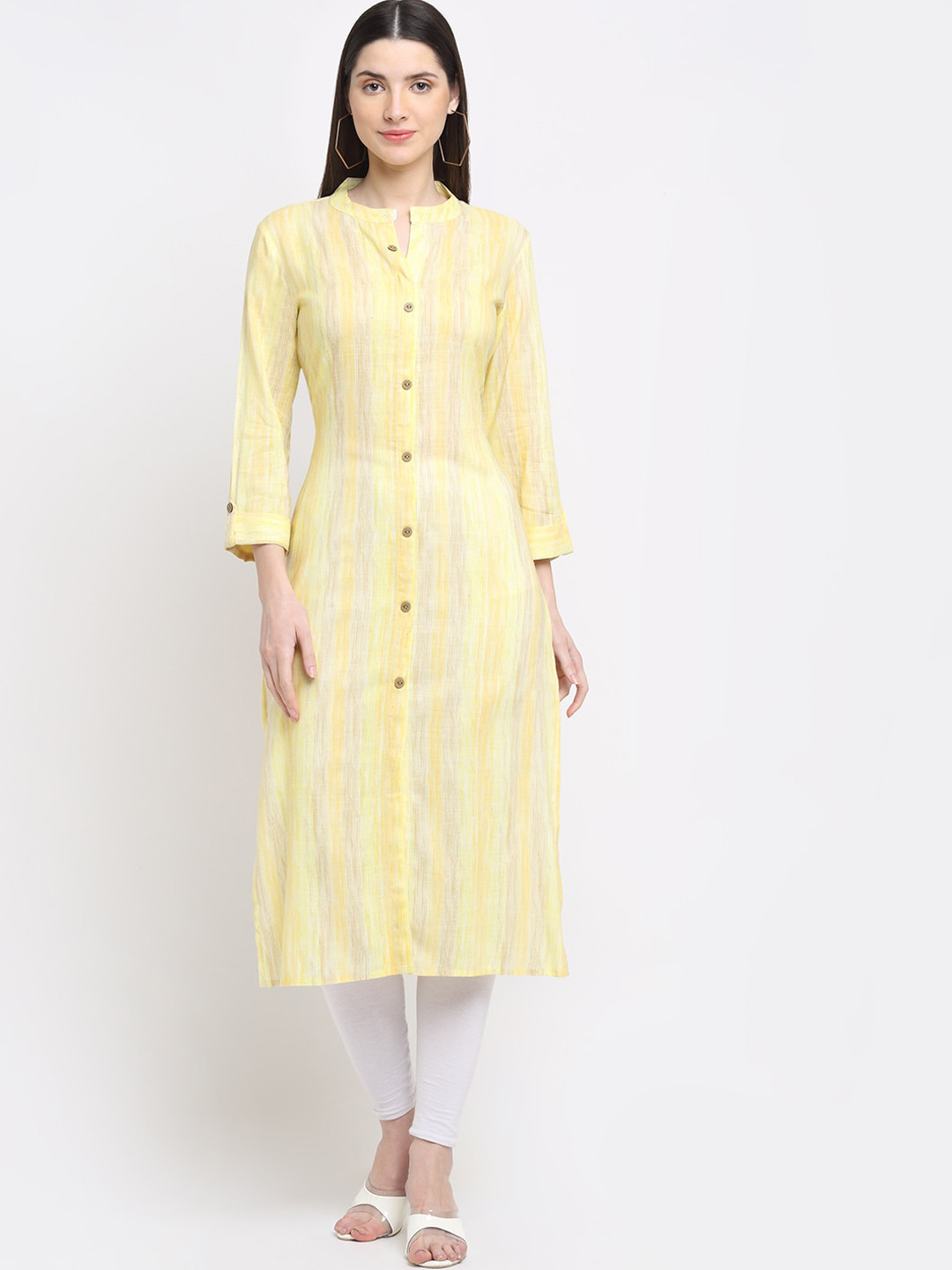 KALINI Women Lime Green Striped Pastels Kurta