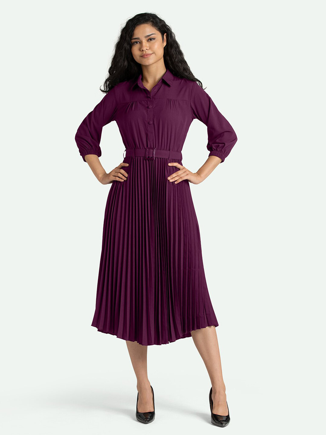 AASK Purple Accordian Pleated Shirt Midi Dress