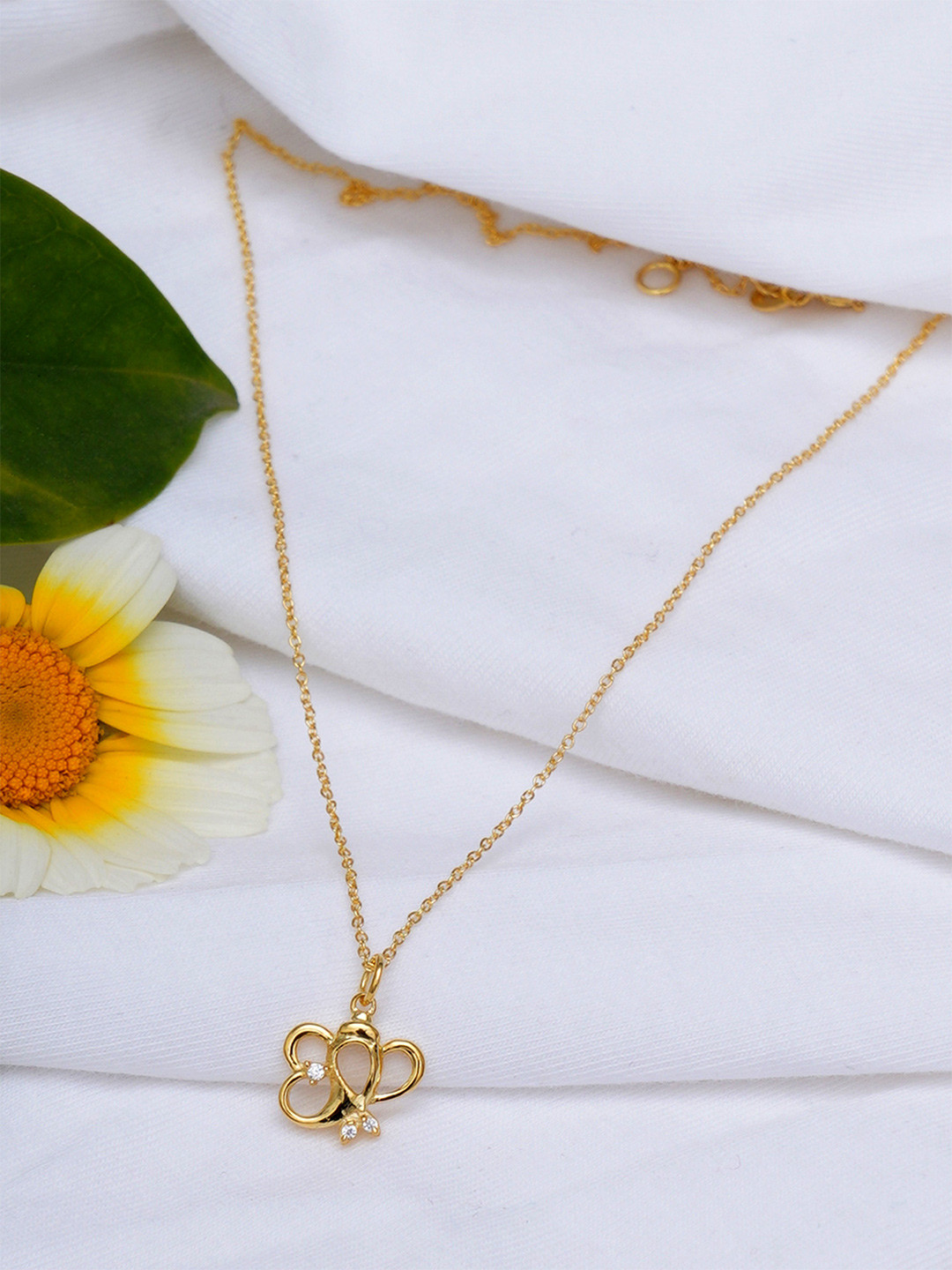 KUNUZ Gold-Plated & White CZ Stone-Studded Ganapati Shaped Pendent With Chain