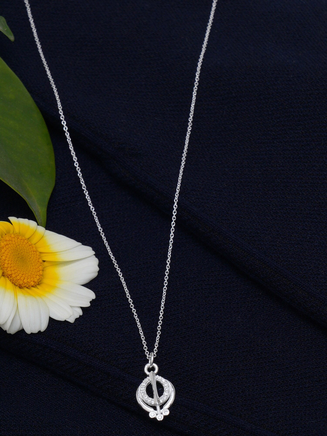 KUNUZ 925 Sterling Silver White AD-Studded Ek-Onkar Shape Pendant With Chain