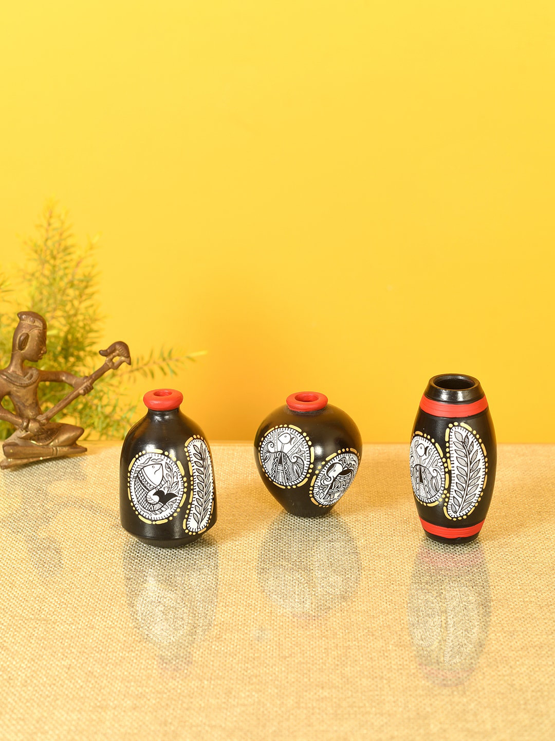 AAKRITI ART CREATIONS Black Set of 3 Warli Terracotta Miniature Vases