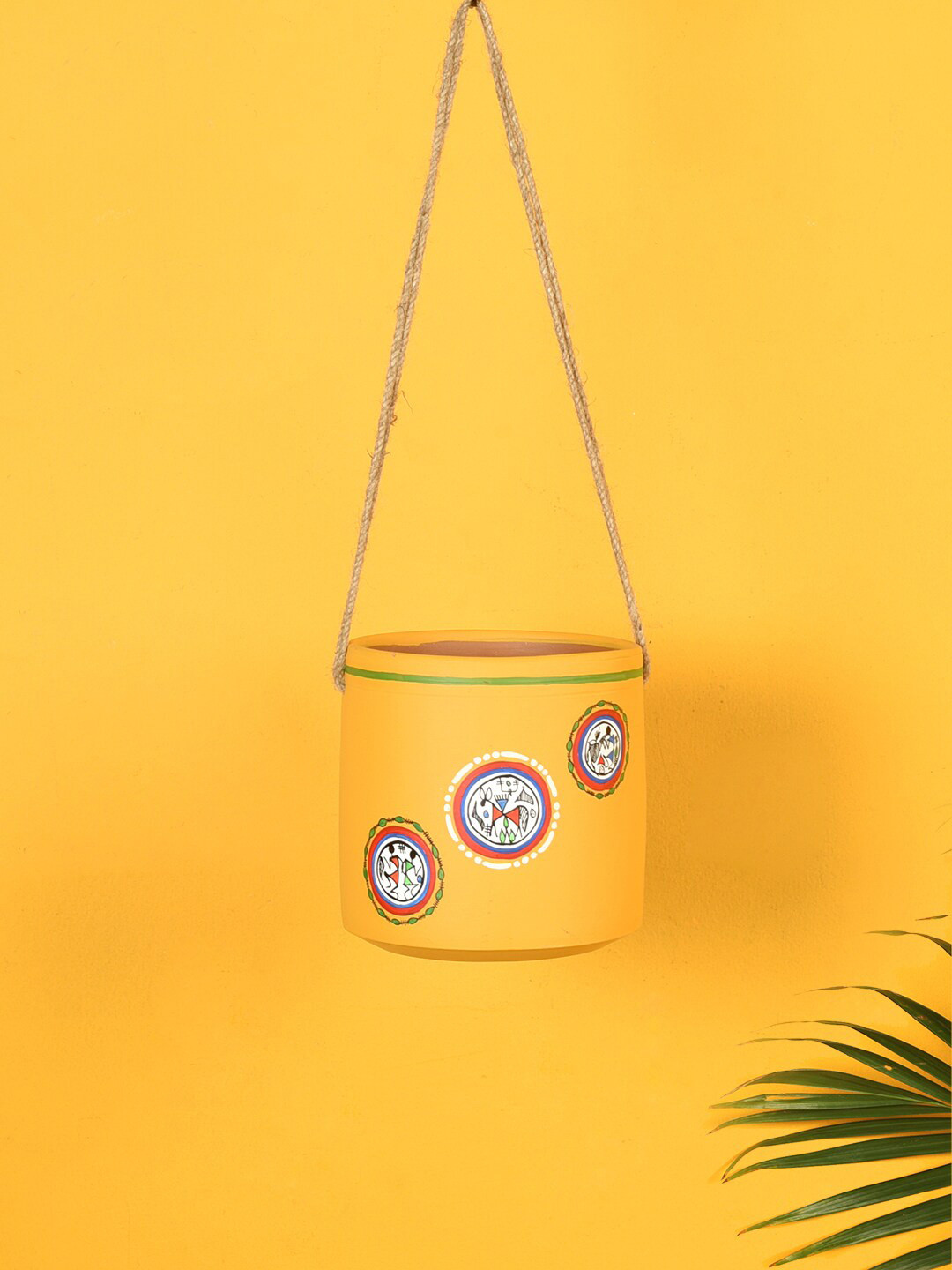 AAKRITI ART CREATIONS Yellow Warli Terracotta Hanging Planter