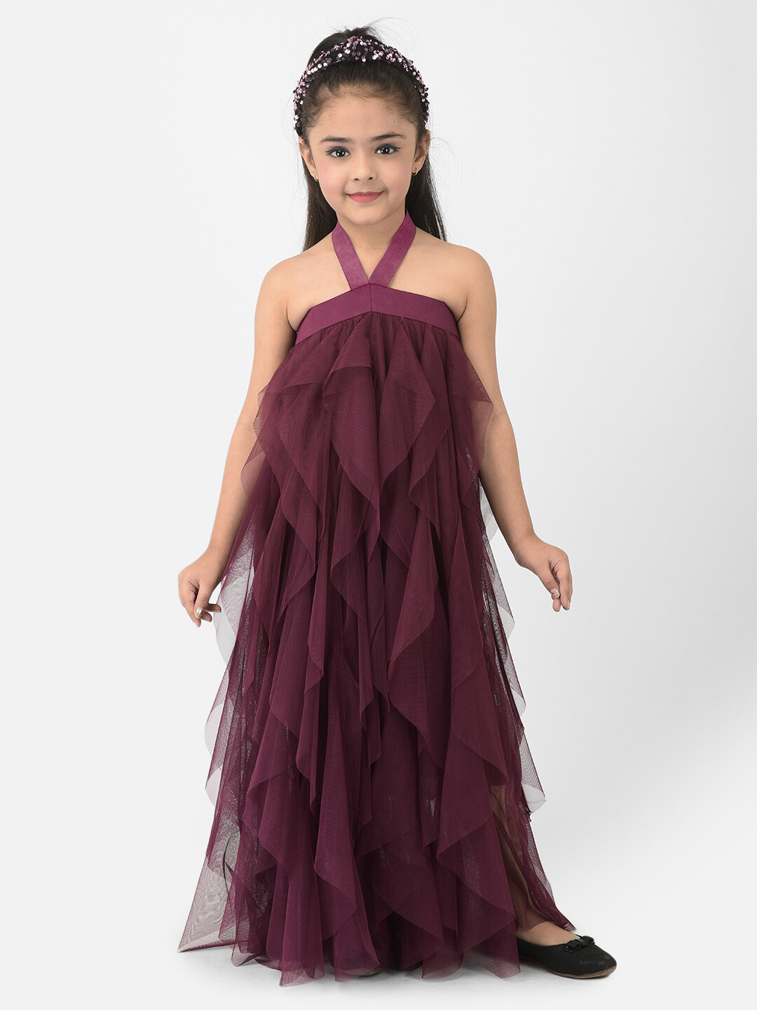 Eavan Girls Burgundy Embellished Halter Neck Net Maxi Dress