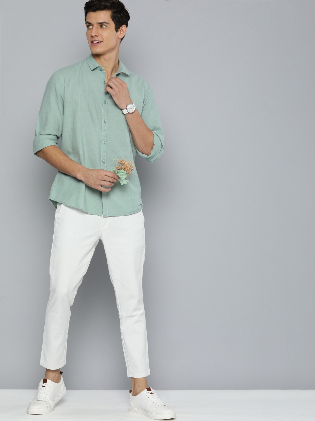 Mast & Harbour Men Sage Green Solid Casual Cotton Linen Shirt