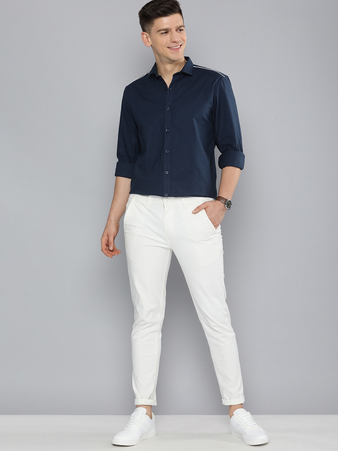 Buy Mast & Harbour Men Blue Solid Casual Pure Cotton Sustainable