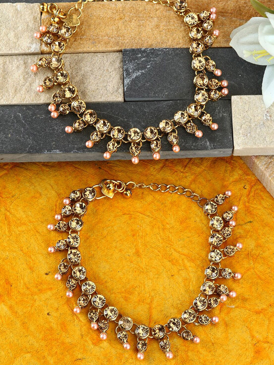 ANIKAS CREATION Set Of 2 Gold-Plated Stone-Studded Anklet