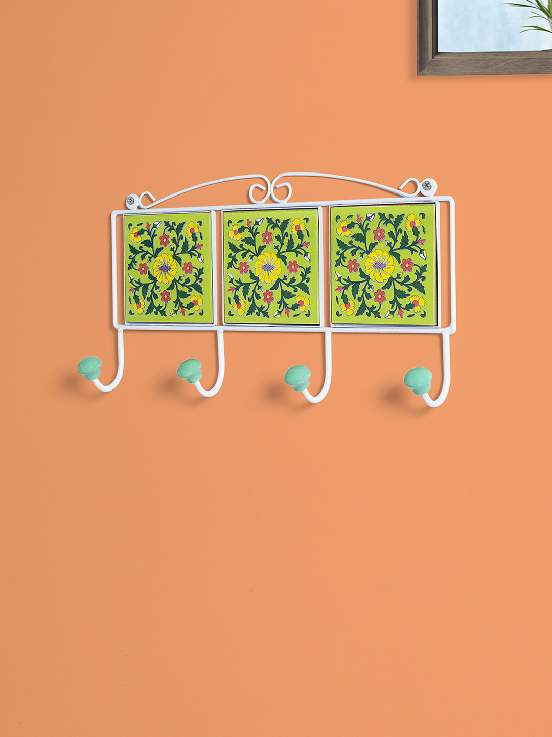 Golden Peacock Green Floral Printed 4 Hooks Ceramic Pottery Art Finish Wall Hooks