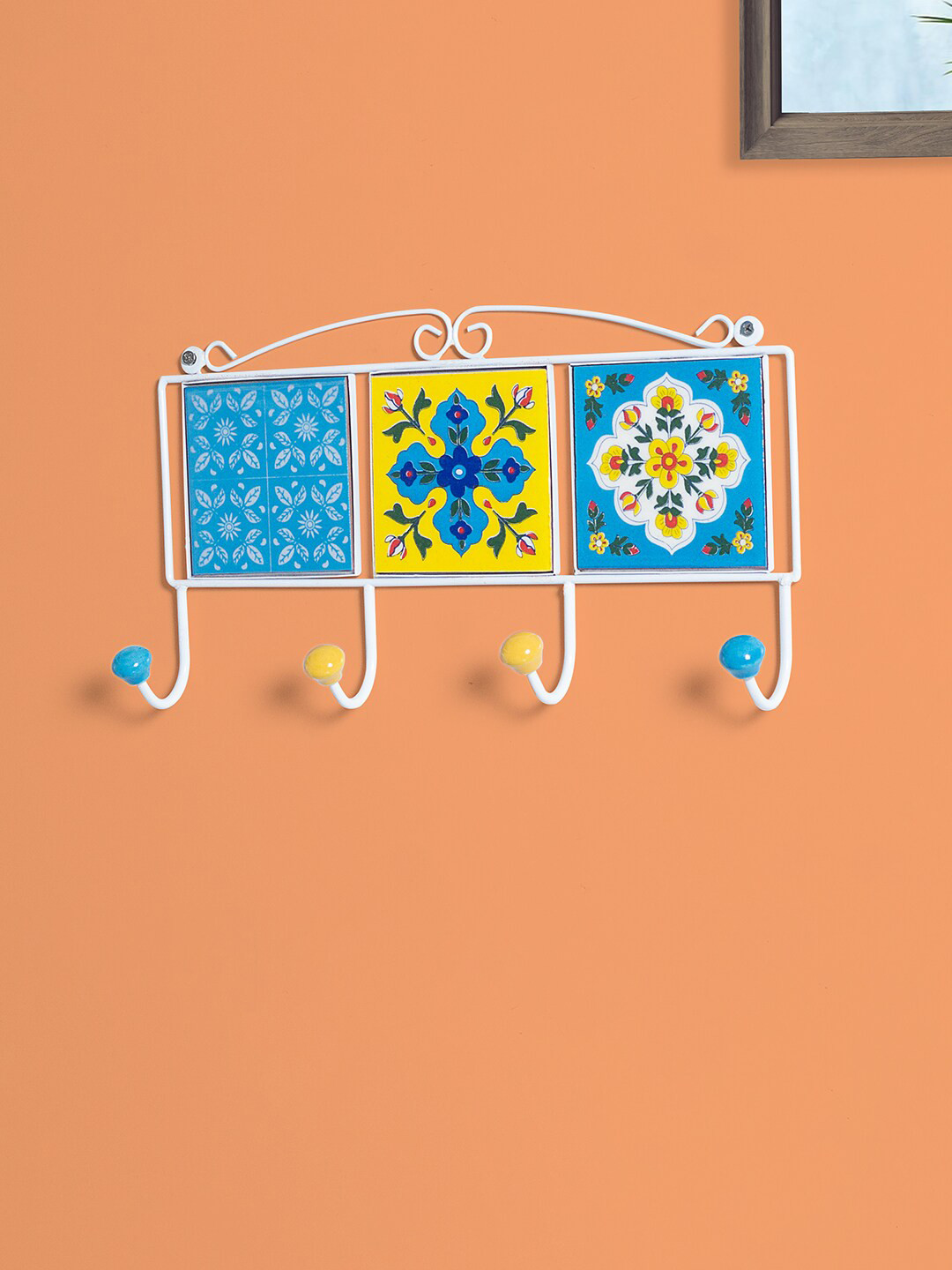 Golden Peacock Unisex Blue & Yellow  Ceramic 4 Hooks Key Holders