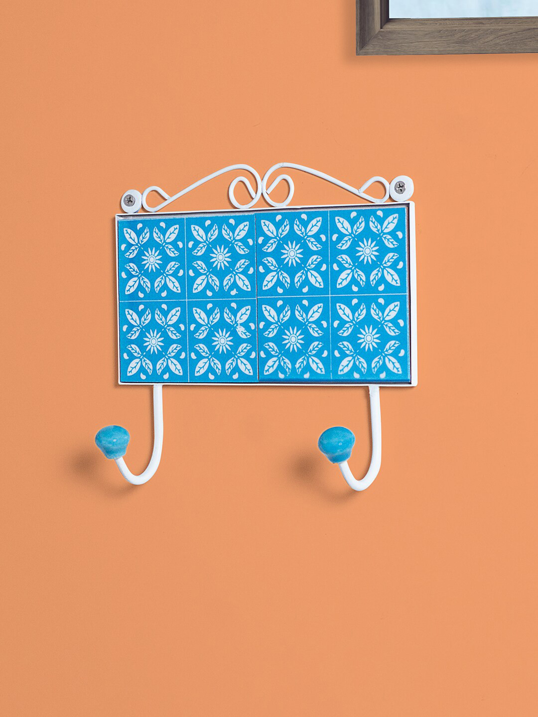 Golden Peacock Blue & White 2 Hooks Handcrafted Ceramic Key Holder