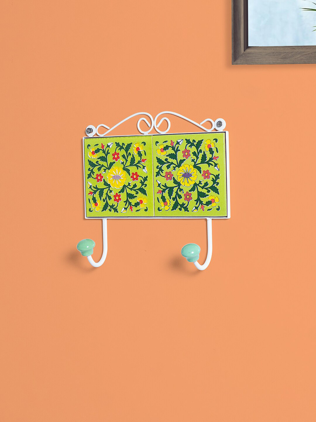 Golden Peacock Yellow & Green Traditional Pottery Art Handcrafted Wall Hooks